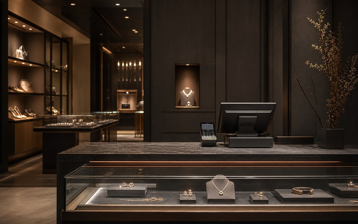 Luxury jewelry display in a boutique retail environment