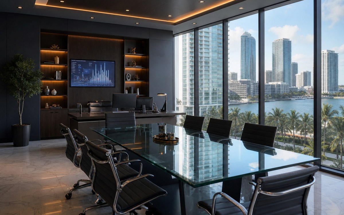 VaultCore Miami corporate office with conference room and Brickell bay view