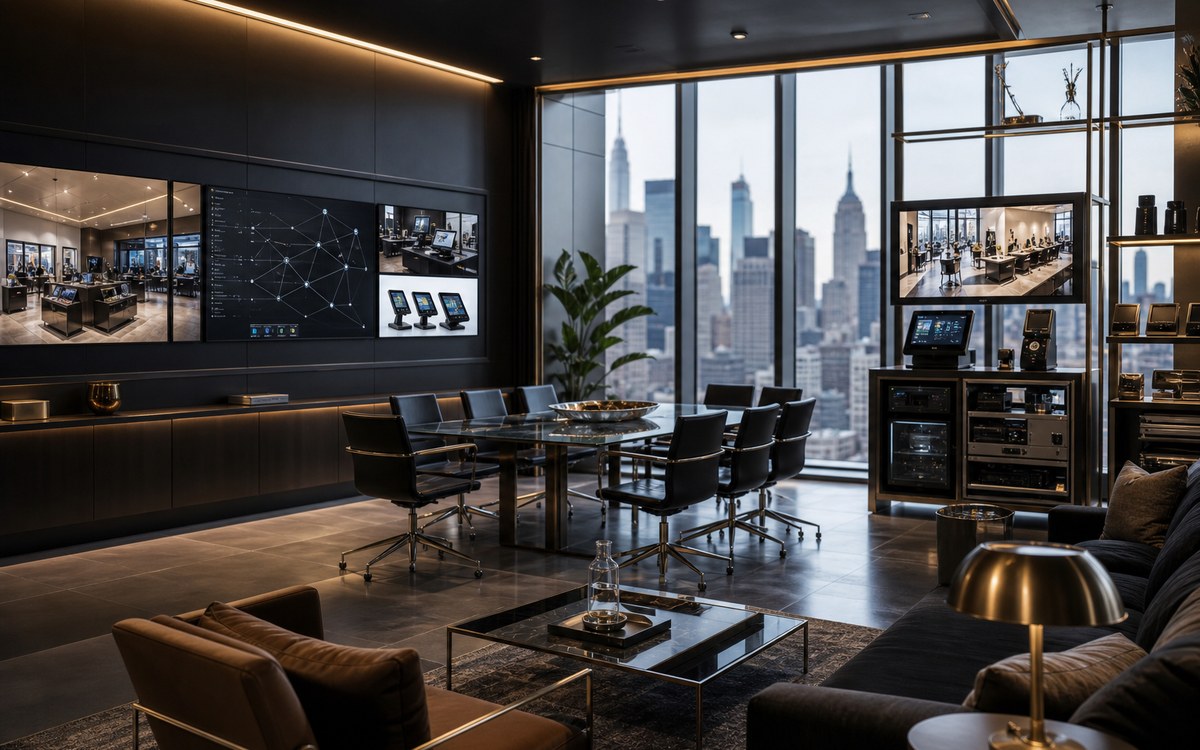 VaultCore New York corporate office with retail technology demo displays and Manhattan skyline view