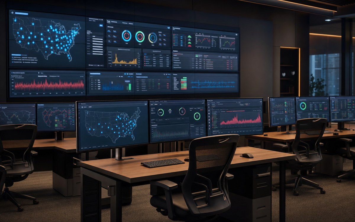 IT operations center with monitors showing store maps and managed services dashboards