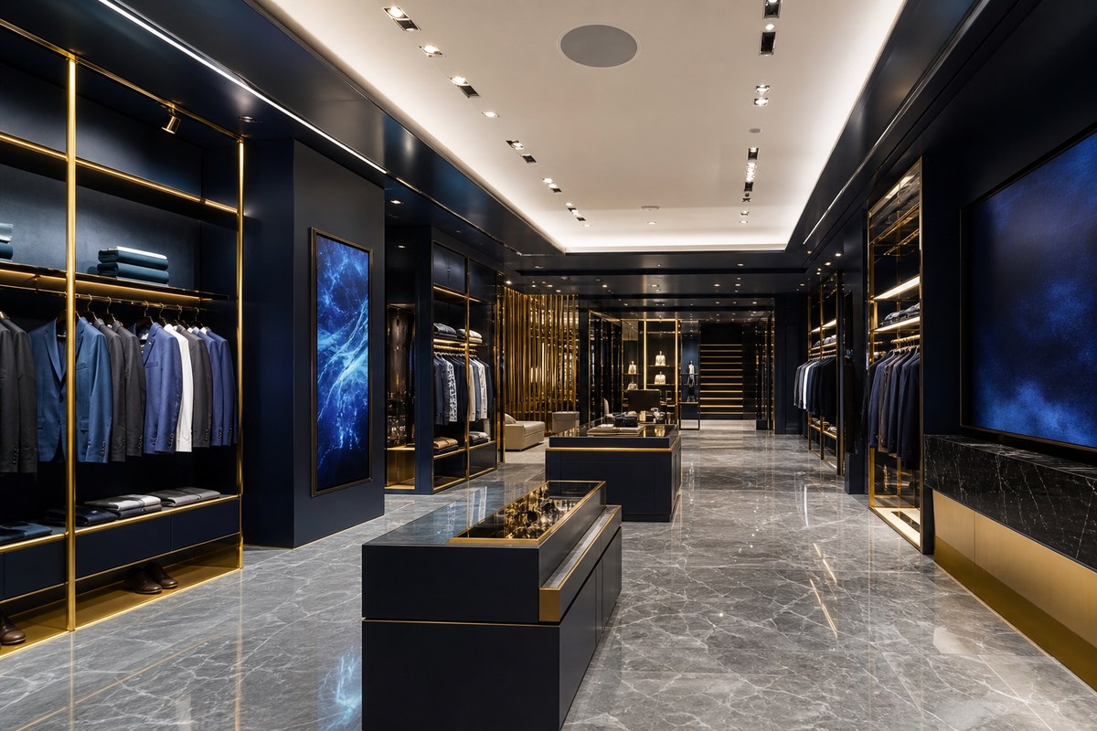 Luxury retail boutique interior with curated product displays